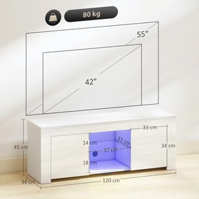 HOMCOM Stolik TV z oświetleniem LED, 2 drzwi szafy, szklana półka, otwory na kable, do salonu, płyta wiórowa, Biały