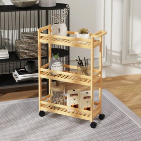 HOMCOM Wózek Serwisowy, 3 Poziomy, Półki Listwowe, Zabezpieczenie przed Wypadaniem, Bambus, 55 x 20 x 75 cm