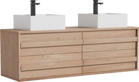 Szafka łazienkowa podwieszana  z litego drewna dębowego z kwadratową umywalką nablatową i kranem - Jasny naturalny - 150 cm - SARLO