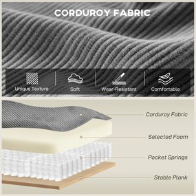 HOMCOM 218 cm 3-osobowa sofa, nowoczesna sofa w stylu sztruksowym z sprężynami kieszeniowymi, szerokimi podłokietnikami i 2 poduszkami, jasnoszara | Aosom PL