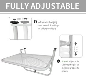 Outsunny Stół Wiszący Balkonowy Kwadratowy Regulowana Wysokość Metalowy Biały 60x565x45cm | Aosom PL