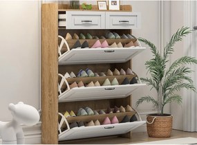 Szafka na buty 80x23,5x125cm - z trzema dużymi klapami - z 2 szufladami - biała + naturalna