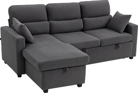 HOMCOM Regulowana sofa rozkładana w kształcie L, narożna sofa dla gości z funkcją łóżka, schowkiem, poduszkami, do salonu, pokoju gościnnego, szara