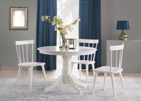 Elegancki okrągły stół Ranflury 106 cm z białym blatem MDF i drewnianą nogą