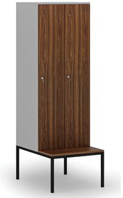 Drewniana szafa ubraniowa z ławką, 2-drzwiowa, 1871 x 600 x 500/800 mm, demontaż, zamek cylindryczny, szary/orzech