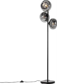 Lampa podłogowa art deco czarna z przydymionym szkłem 3-światła - Ayesha