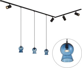 Nowoczesny czarny system szynowy z 4 reflektorami i 3 niebieskimi lampami wiszącymi 1-fazowy - Iconic Bell Jeana Luxe