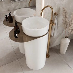 Umywalka z konglomeratu wolnostojąca okrągła z półką szklaną 85 x 40 cm RONA bez przelewu | Różne kolory półki : Kolor szkła - Brązowy, Kolor umywalki RONA - Biały połysk, Podłączenie syfonu - Do podłogi, Półka - Szklana