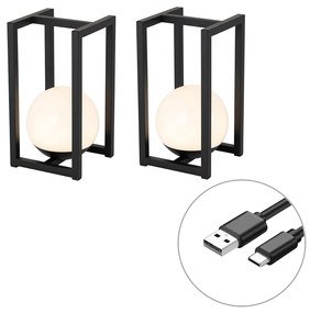 Zestaw 2 lamp stołowych zewnętrznych czarnych z dotykowym ładowaniem - Nowi