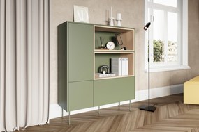 Komoda wysoka Desin 120 cm dwudrzwiowa z szufladą i wnękami - oliwka / dąb nagano
