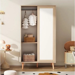 Szafa dziecięca - 80 x 46 x 141,5 cm - z drzwiami przesuwnymi + drążek na ubrania - drewno - naturalny