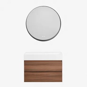 Zestaw Wiszących Mebli Łazienkowych Z Drewna I Forniru Jesionowego Zintegrowany Z Umywalką Ona Ciemna Czerń - Sklum