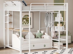 Łóżko mezzanine 90x200cm z metalu - z biurkiem i półkami - Białe