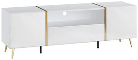 Szafka RTV 2-drzwiowa z 1 szufladą i 1 wnęką - Biały z połyskiem i Złoty - MARZIALO