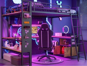 Łóżko na antresoli 140x200 cm - Konstrukcja stalowa - Oświetlenie LED - Biurko z półką - Port USB - Czarny​ (materac nie jest wliczony w cenę)