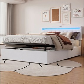 Łóżko z pojemnikiem 160 x 200 cm z portami USB i typu C - diody LED - tkanina lniana - kolor biały