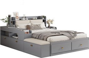 Łóżko kombinowane - 140 x 200 cm - Zagłówek + szuflady - ława-sofa - stolik nocny - drewno sosnowe + sklejka + MDF - Szary