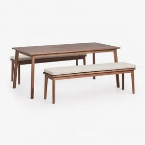 Zestaw Stołu Prostokątnego 180x90 Cm I 2 Ławek Ogrodowych Z Drewna Akacjowego Kaela Ciemny Akacjowy Brąz & Tkanina W Kolorze Orzecha Laskowego - Sklum