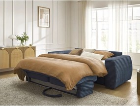 Ciemnoniebieska sztruksowa rozkładana sofa do spania 220 cm Hugo – Bobochic Paris