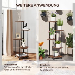 Outsunny Stojak na Kwiaty z 5 Półkami, Pięcioetapowy Stojak na Rośliny, Design Przestawny, Łatwy do Przemieszczenia, Drewno, Stal
