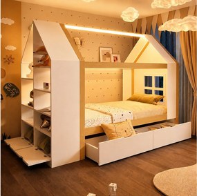 Łóżko dziecięce 90x200 cm - Design w stylu domku - Z 2 szufladami - Z oświetleniem LED - naturalny + biały (materac nie wchodzi w skład zestawu)