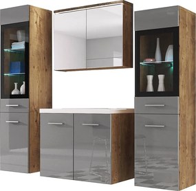 MINIO go for it, Meble łazienkowe MARIT II w kolorze kasztan wrocławski/szary połysk, z oświetleniem LED