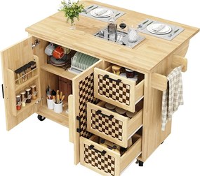 Mobilna wyspa kuchenna - Rozkładany blat - 120x45x92 cm - 2 drzwi - z wieszakiem na ręczniki - MDF - dekoracja kratkowa - Naturalny