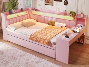 Rozkładana sofa 140x200 cm - z portami USB i LED - z wysuwanym łóżkiem i biurkiem - różowa (bez materaca)