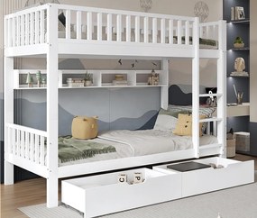 Drewniane łóżko piętrowe - 90x200 cm - z 2 szufladami i półkami - Białe