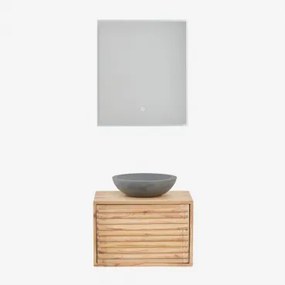 Zestaw Wiszących Mebli Łazienkowych 60x45 Cm Z Drewna Deleyna Naturalna & Okrągły Szary Cement Ø40 Cm Tarsis & Prostokątna Lampa Led I Przeciwmgielna
