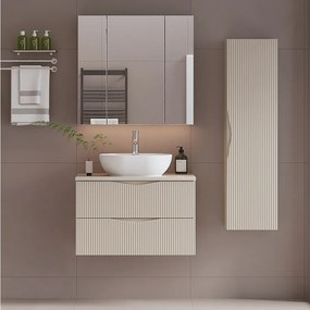 Zestaw do Łazienki 80cm Szafka z Blatem Umywalka Słupek Ryflowane Fronty Beż Piaskowy Cleo