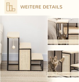 PawHut Schodki dla Kota z Drapakiem, 3 Stopnie, Kula do Zabawy, Solidne, Stal+Sizal, Kremowy+Czarny, 51 x 54 x 53cm