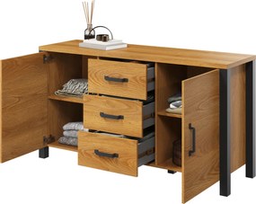 Komoda Olin 26 150 cm z szufladami - dąb karmelowy / czarny supermat - Oferta Limitowana