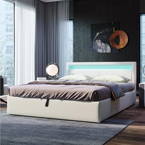 Łóżko tapicerowane dwuosobowe ze schowkiem - 140 x 200 cm - z diodami LED + stelaż z listew + hydrauliczny schowek - PU - białe