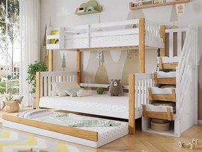 Łóżko piętrowe 90x200cm + 120x200cm + łóżko wysuwane 90x190cm - z schodami do przechowywania - z drewna sosnowego i MDF - Białe i Naturalne