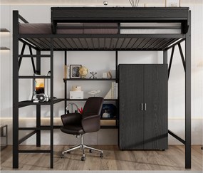 Łóżko na antresoli 140x200 cm - z biurkiem i półką do przechowywania - z szafą ubraniową - Metal + MDF - Czarny​ (bez materaca)