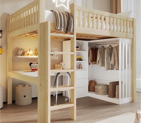 Łóżko na antresoli 140x200cm - z biurkiem + szafą - z 3 szufladami - z drabiną - naturalny​ (materac nie jest wliczony w cenę)