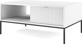 Stolik Kawowy Elegancki DomoHome NOVA – Z akcentem złotym, nowoczesna szuflada MDF, czarne metalowe nogi, minimalistyczny design, Biały, 104x104x46cm