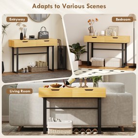 HOMCOM Stolik konsolowy Wąski stolik do przedpokoju z 2 szufladami, metalowa rama, do przedpokoju 110 x 35 x 76,5 cm naturalny | Aosom PL