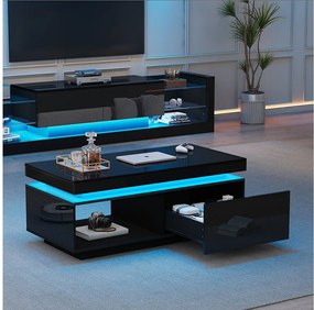 Zestaw stolik pod TV: 181 x 38 x 38 cm + stolik kawowy: 100 x 50 x 40 cm - Diody LED - Płyta wiórowa - Czarny połysk