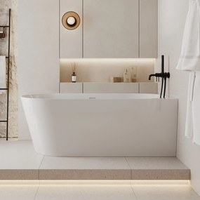 Wanna wolnostojąca narożna WALL Beige Matt / Glow prawa konglomerat beżowa błyszcząca/matowa 160 x 75 cm z przelewem typu SLIM : Kolor wanny - Biały połysk