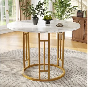 Stół jadalny 4-osobowy - 80 x 80 x 76cm - okrągły stół z nogami metalowymi w kolorze złotym - blat z płyty MDF marmurkowej - płyta MDF + metal - biały