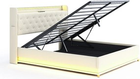Łóżko 160x200 cm z pojemnikiem - Łóżko dla dorosłych z oświetleniem LED i ładowaniem USB - beżowy len - bez materaca