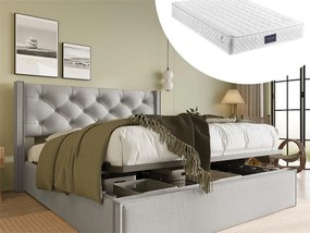 Łóżko ze schowkiem 140 x 200 cm - len - stelaż listwowy - jasnoszary + materac