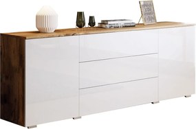 Komoda 150 cm do salonu – nowoczesna komoda z szufladami i szafkami, korpus wotan mat i fronty biały połysk