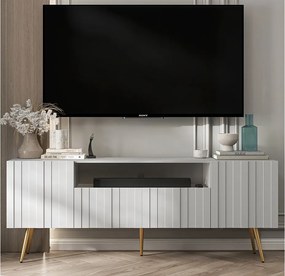 Szafka RTV z 3 drzwiami i wnęką – korpus biały mat, frezowane fronty biały mat – 150 cm, złote nóżki