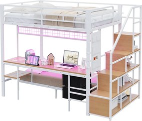 Piętrowe łóżko z metalu 90x200cm + 140x200cm - z biurkiem - oświetlenie LED - z gniazdkiem elektrycznym - z 2 szufladami - biały​ (materac nie jest wliczony w cenę)