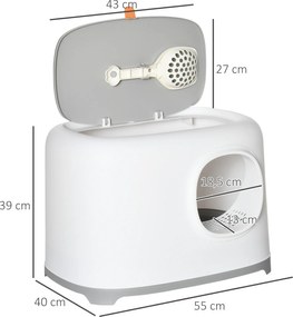 PawHut kuweta dla kota z ażurowym dnem i otwieranym dachem, kolor biały + jasnoszary, 55 x 40 x 39 cm
