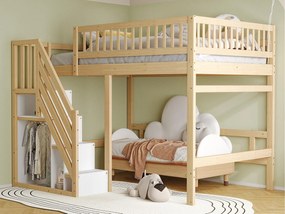 Łóżko mezzanine 140x200cm - ze schodami z miejscem do przechowywania - drewno lite + sklejka + MDF - Naturalny
