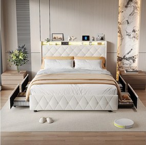 Łóżko 140x200 cm z 4 szufladami, oświetleniem LED, szafkami nocnymi ze schowkiem, otwartymi przegrodami, podstawą z listew, ładowarkami USB i typu C - beżowe
